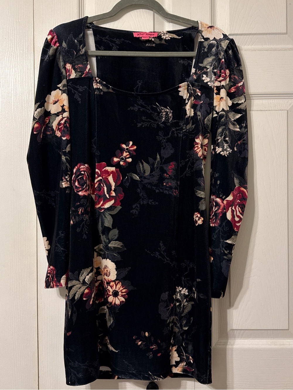 Y2K Betsey Johnson Black Velvet Long Sleeve Floral Dress